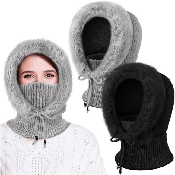 2 Pcs Women's Winter Fleece Hood Faux Fur Knit Balaclava Knitted Beanie Hat
